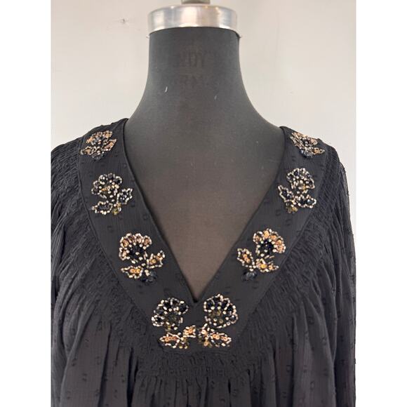 ZARA Black Blouse Floral Sheer Polka Dot Beaded Embroidered V-Neck Size Medium M - Picture 2 of 5